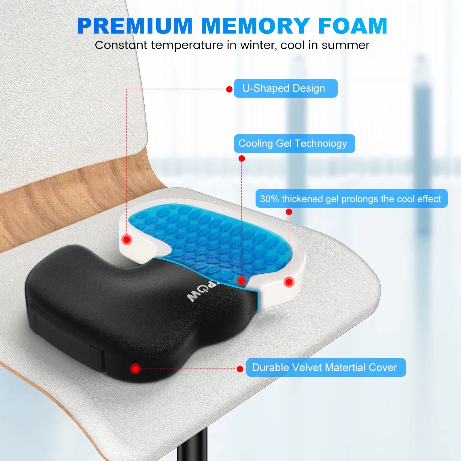 Memory Foam Seat Cushion Cooling Gel Butt Pillow for Tailbone Pain Relief - Chair Cushion,Car Seat Cushion,Butt Pillow