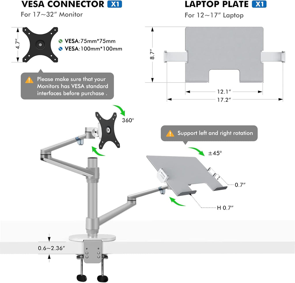 Monitor and Laptop Mount, 2-In-1 Adjustable Dual Arm Desk Mounts Single Desk Arm Stand/Holder for 17 to 32 Inch LCD Computer Screens, Extra Tray Fits 12 to 17 Inch Laptops (Silver)