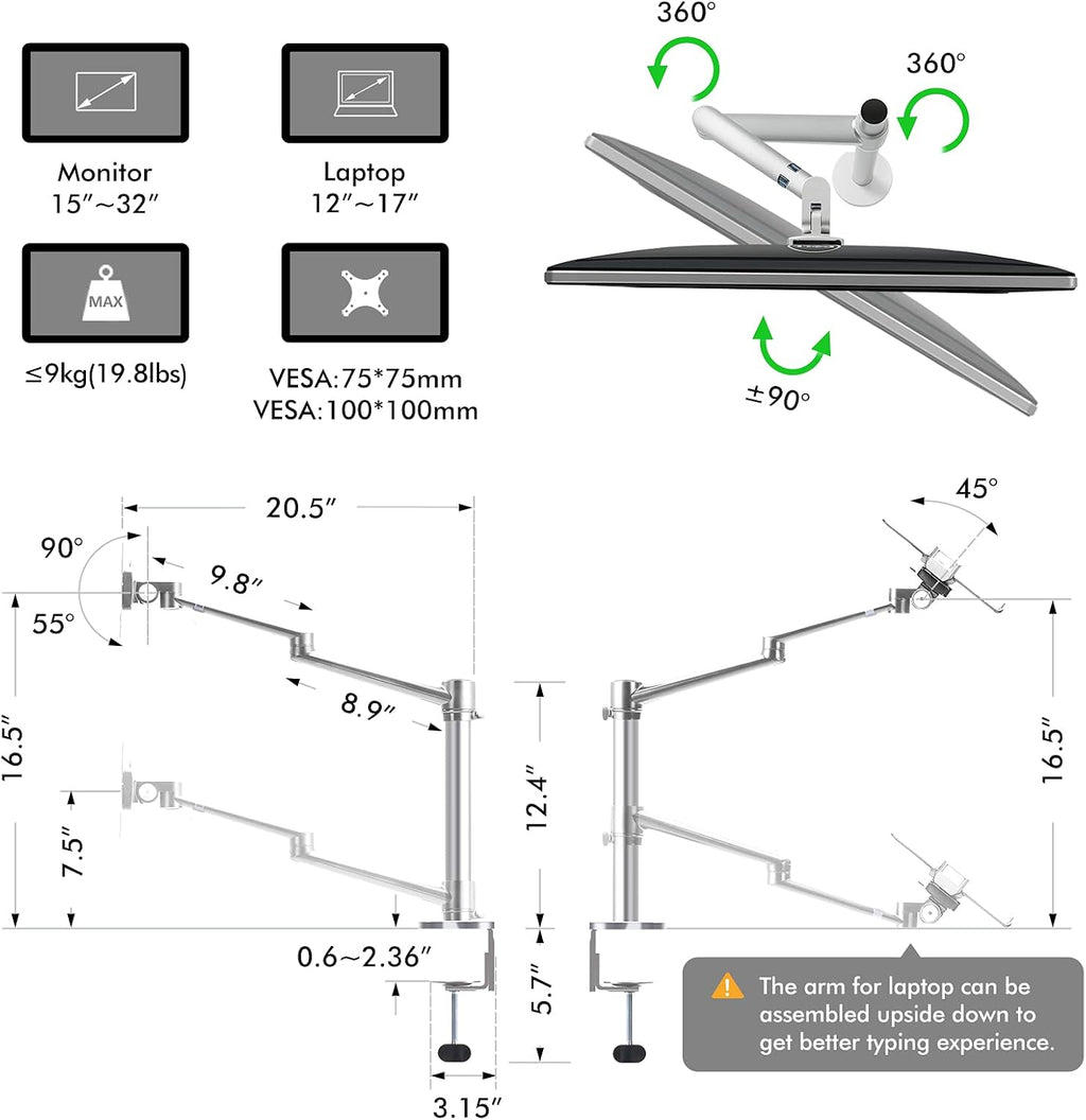 Monitor and Laptop Mount, 2-In-1 Adjustable Dual Arm Desk Mounts Single Desk Arm Stand/Holder for 17 to 32 Inch LCD Computer Screens, Extra Tray Fits 12 to 17 Inch Laptops (Silver)