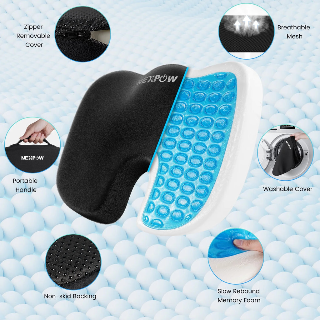 Memory Foam Seat Cushion Cooling Gel Butt Pillow for Tailbone Pain Relief - Chair Cushion,Car Seat Cushion,Butt Pillow