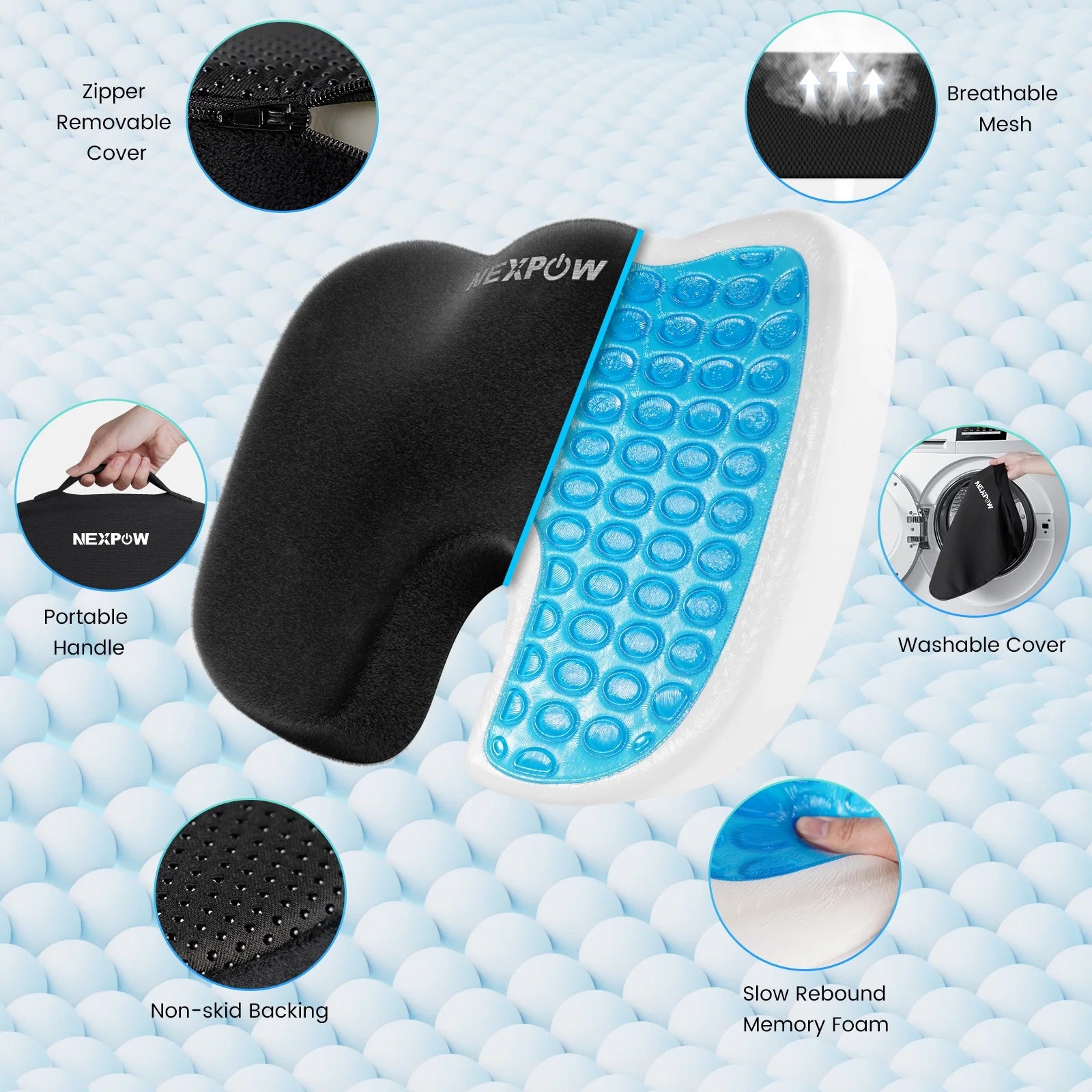 Memory Foam Seat Cushion Cooling Gel Butt Pillow for Tailbone Pain Relief - Chair Cushion,Car Seat Cushion,Butt Pillow