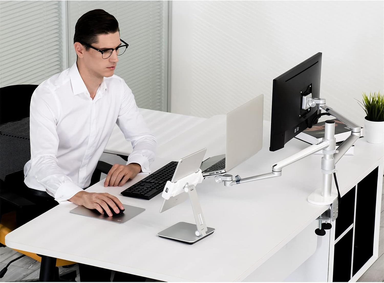 Monitor and Laptop Mount, 2-In-1 Adjustable Dual Arm Desk Mounts Single Desk Arm Stand/Holder for 17 to 32 Inch LCD Computer Screens, Extra Tray Fits 12 to 17 Inch Laptops (Silver)