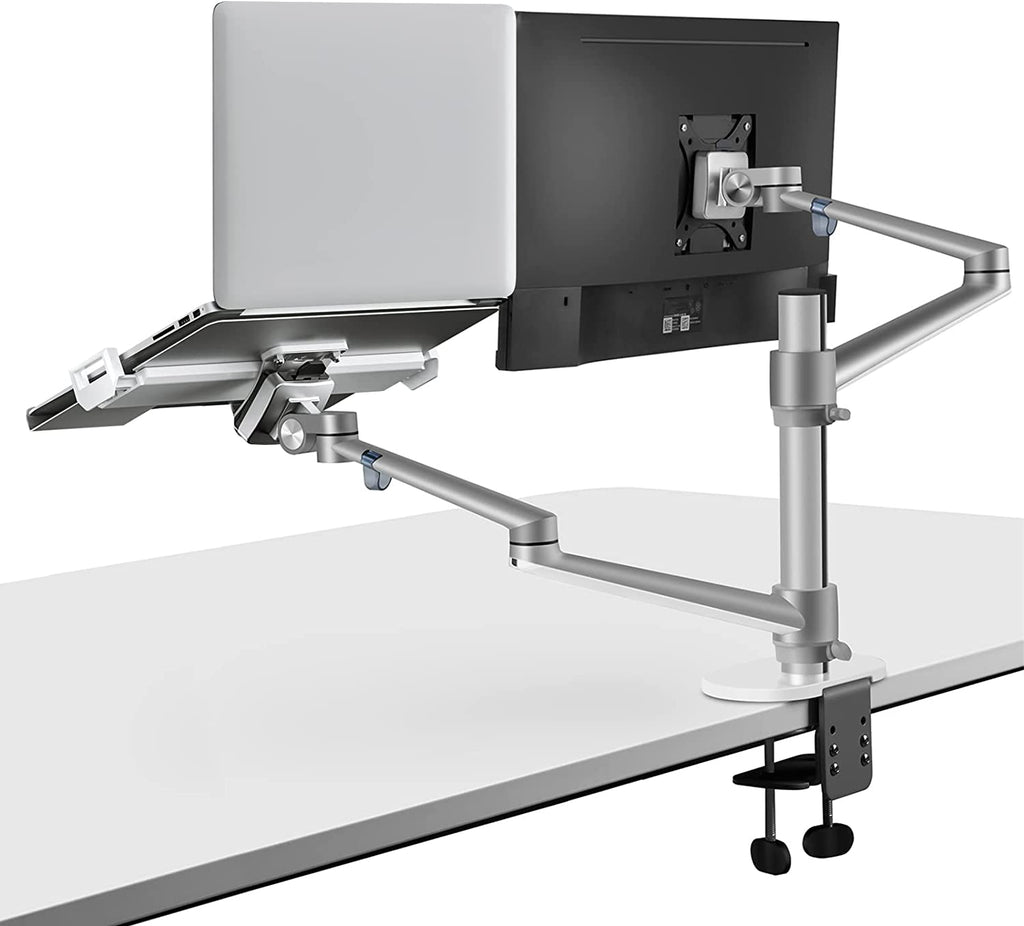 Monitor and Laptop Mount, 2-In-1 Adjustable Dual Arm Desk Mounts Single Desk Arm Stand/Holder for 17 to 32 Inch LCD Computer Screens, Extra Tray Fits 12 to 17 Inch Laptops (Silver)