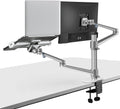 Monitor and Laptop Mount, 2-In-1 Adjustable Dual Arm Desk Mounts Single Desk Arm Stand/Holder for 17 to 32 Inch LCD Computer Screens, Extra Tray Fits 12 to 17 Inch Laptops (Silver)